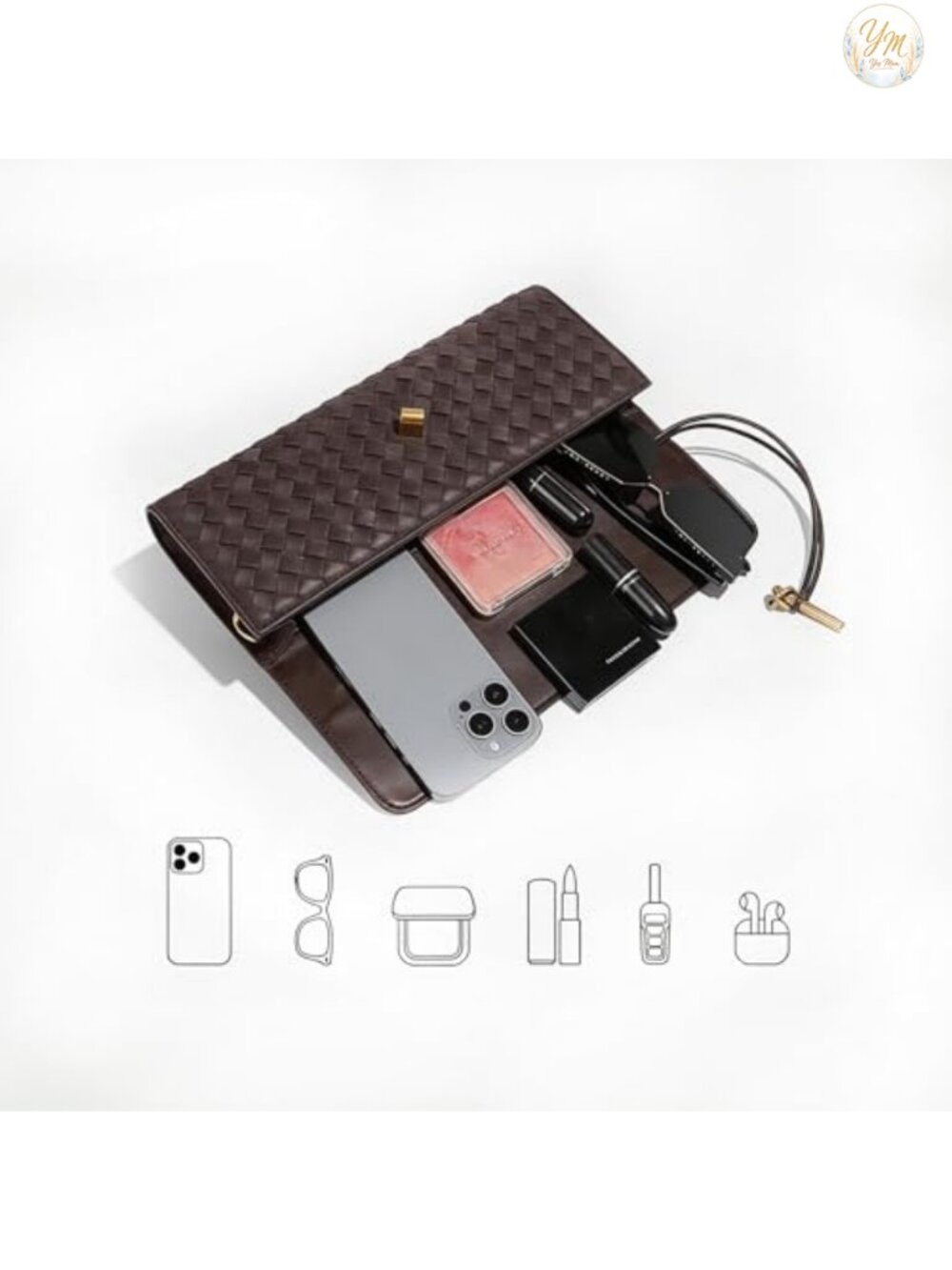 Suede Woven Evening Bag Clutch with Gold Buckle Adjustable Strap - Picture 3 of 4